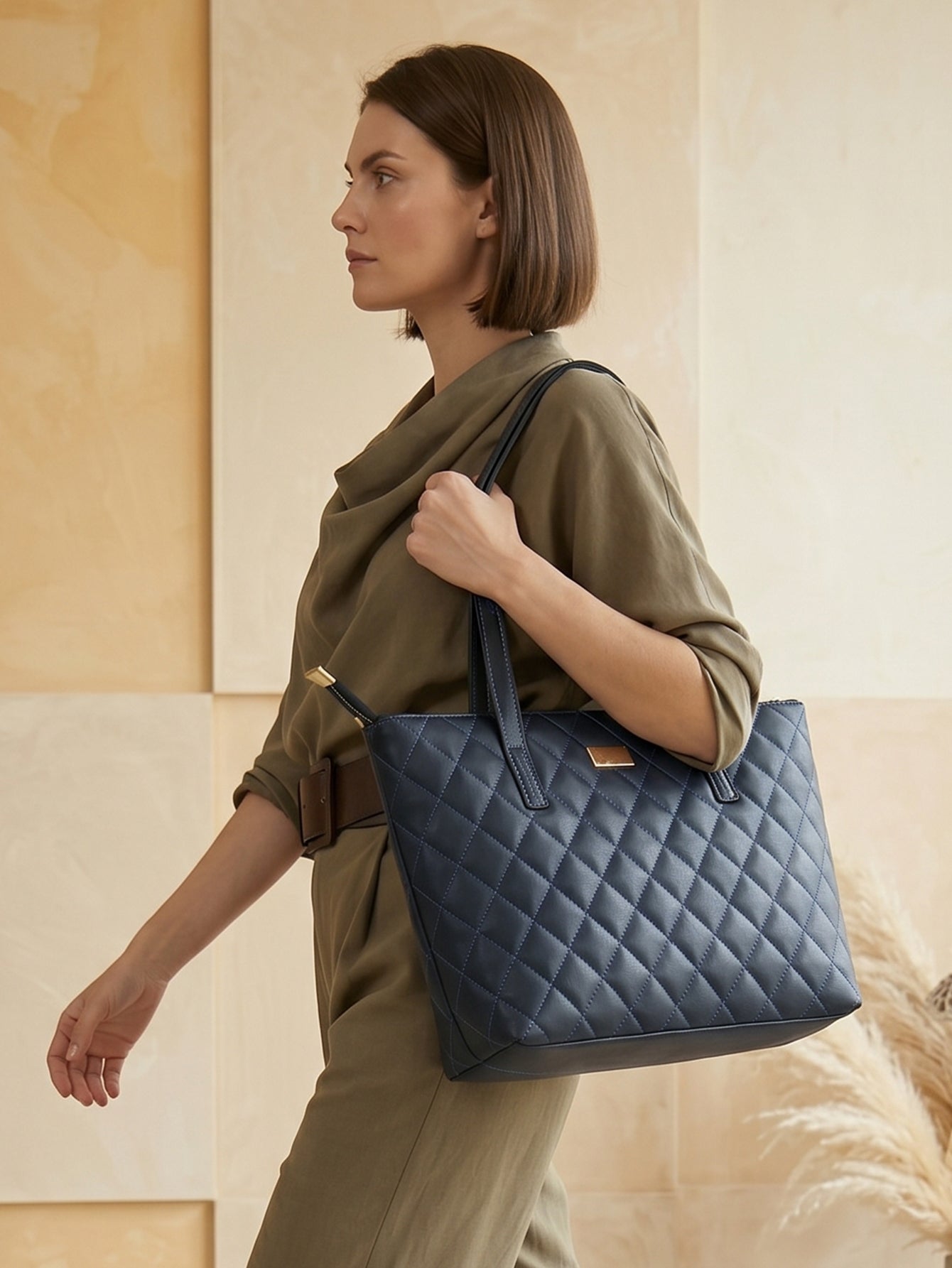 Quilted Pattern Shoulder Tote Bag - Navy Blue