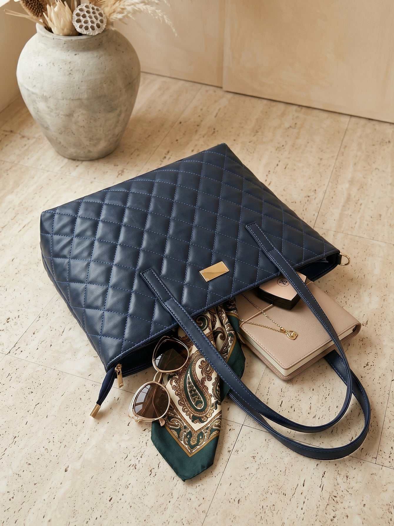 Quilted Pattern Shoulder Tote Bag - Navy Blue