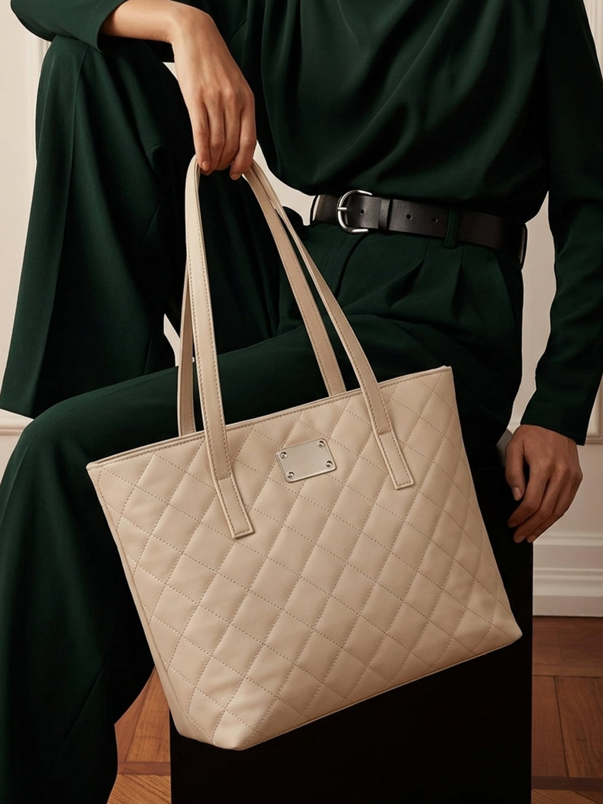 Quilted Pattern Shoulder Tote Bag - Beige