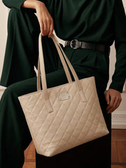 Quilted Pattern Shoulder Tote Bag - Beige