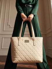 Quilted Pattern Shoulder Tote Bag - Beige