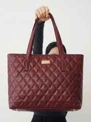 Quilted Pattern Shoulder Tote Bag - Burgundy