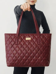 Quilted Pattern Shoulder Tote Bag - Burgundy