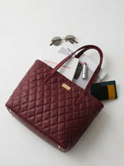 Quilted Pattern Shoulder Tote Bag - Burgundy