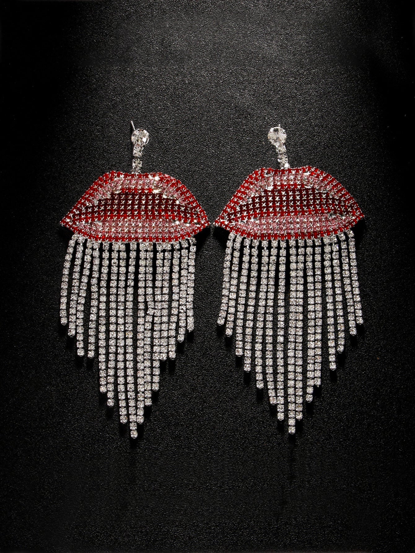 Red Lips Rhinestone Tassel Decor Earrings - Red & Silver
