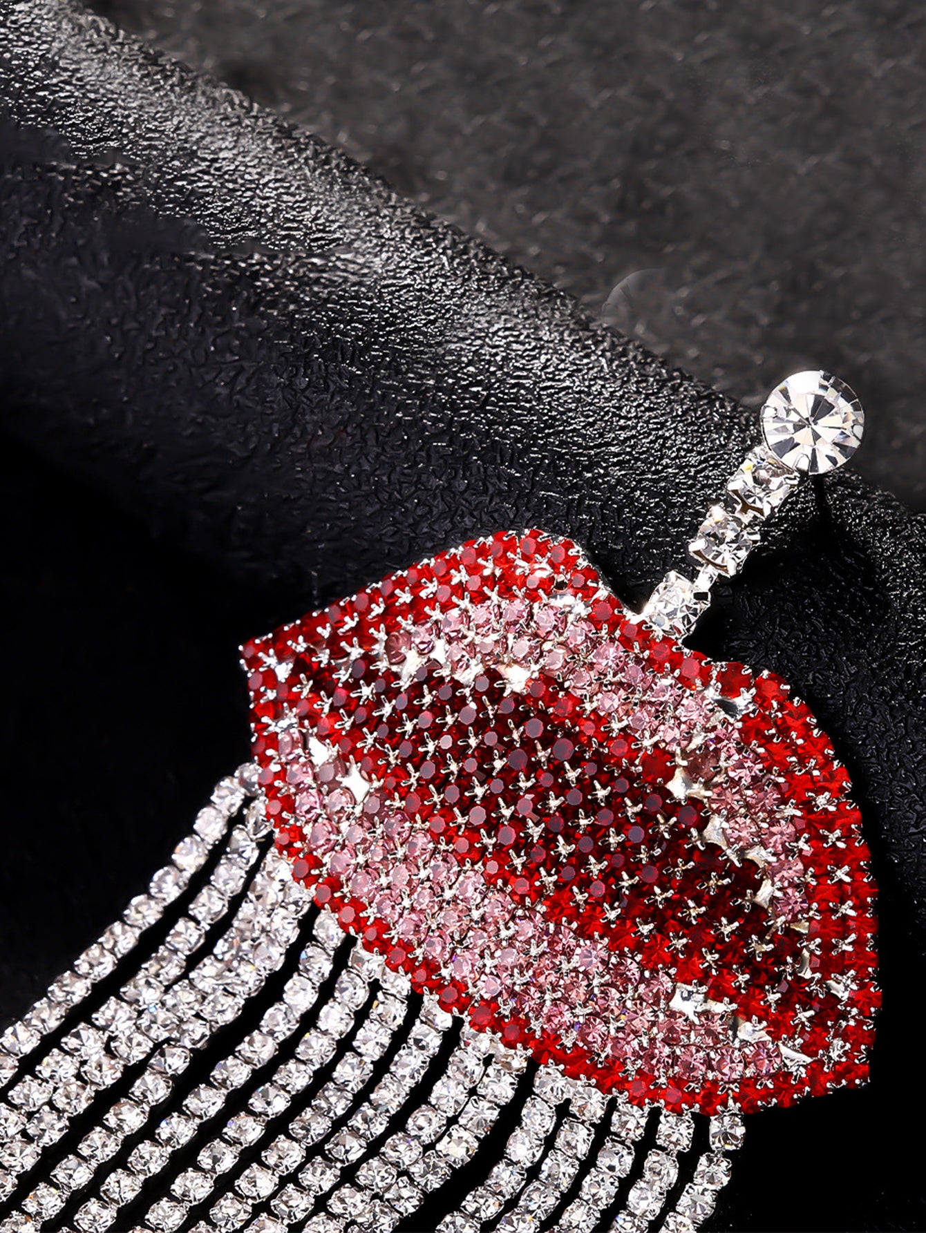 Red Lips Rhinestone Tassel Decor Earrings - Red & Silver
