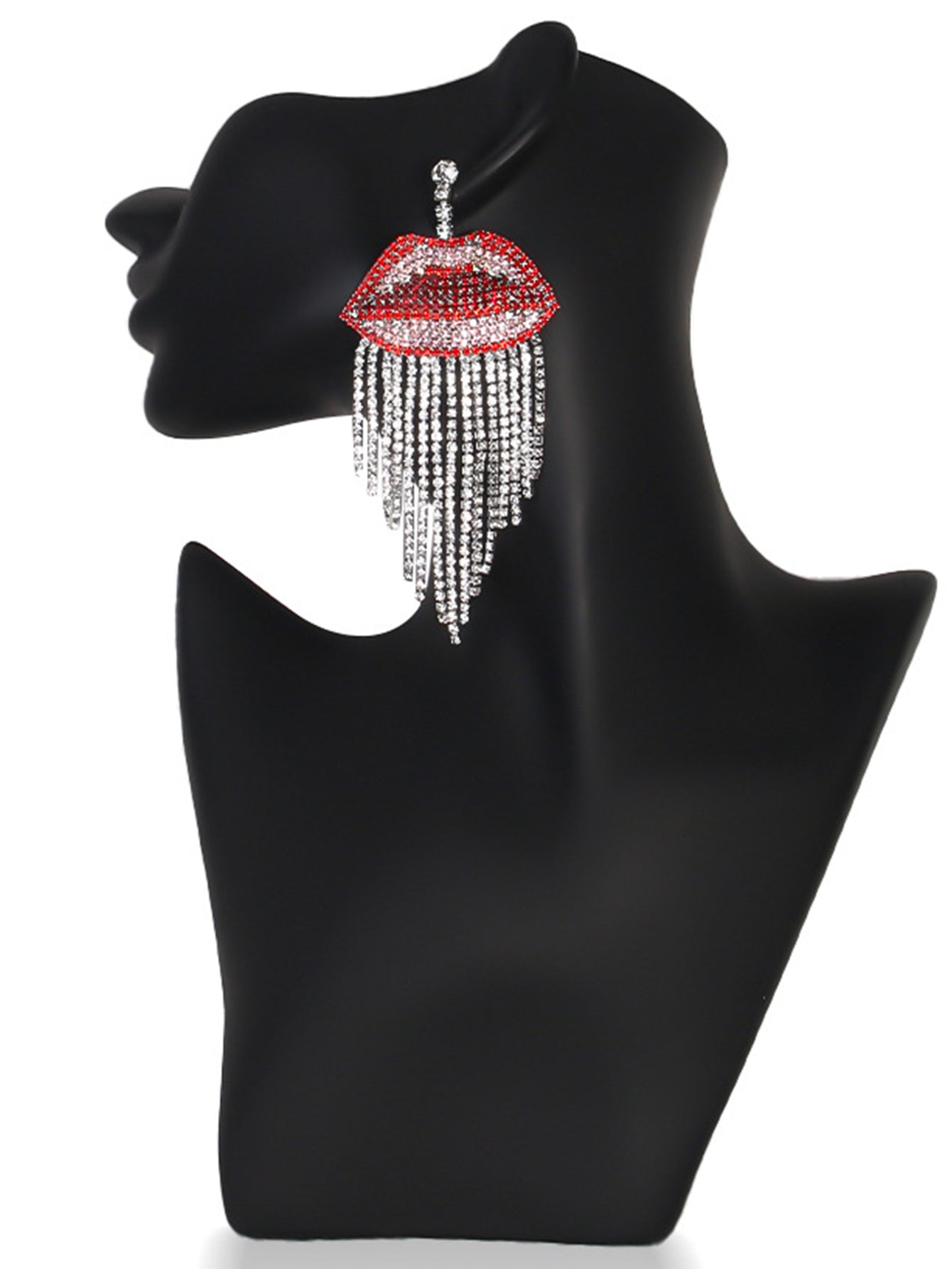 Red Lips Rhinestone Tassel Decor Earrings - Red & Silver