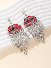 Red Lips Rhinestone Tassel Decor Earrings - Red & Silver