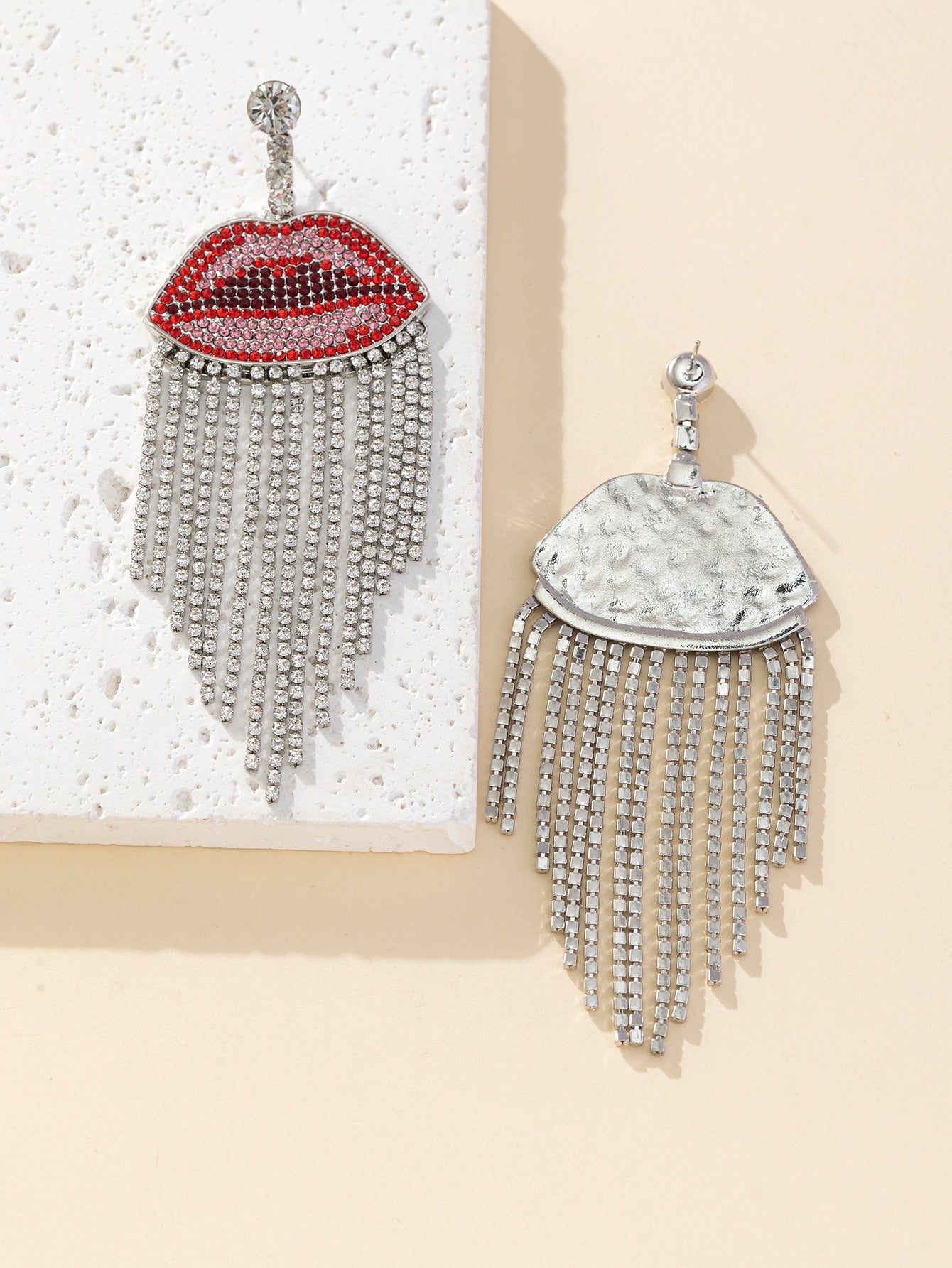 Red Lips Rhinestone Tassel Decor Earrings - Red & Silver