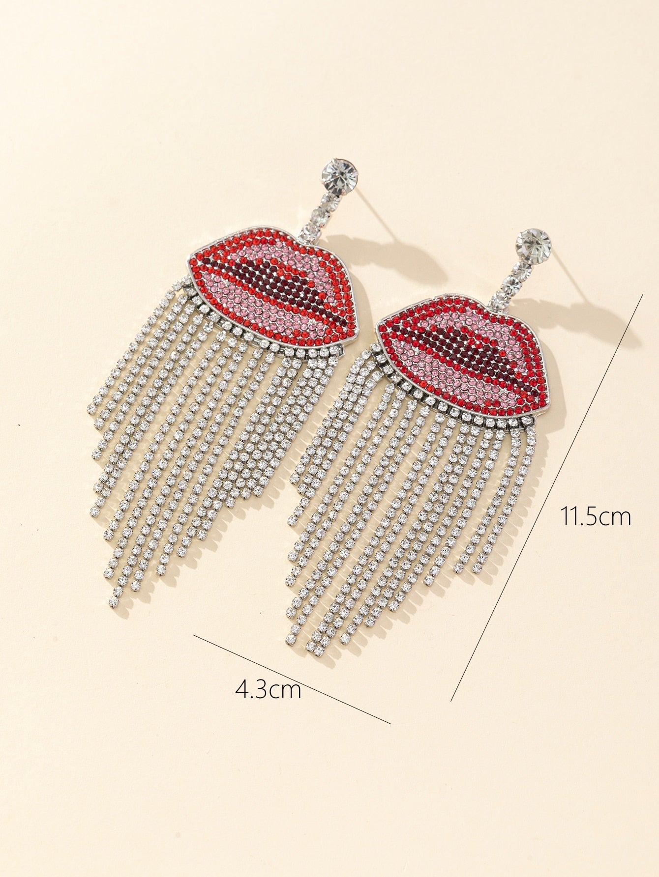 Red Lips Rhinestone Tassel Decor Earrings - Red & Silver