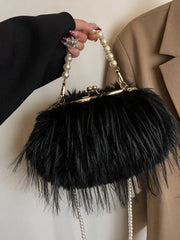 Slouchy Plush Kiss Lock Pearl Decor Handle Crossbody Bag - Black / White