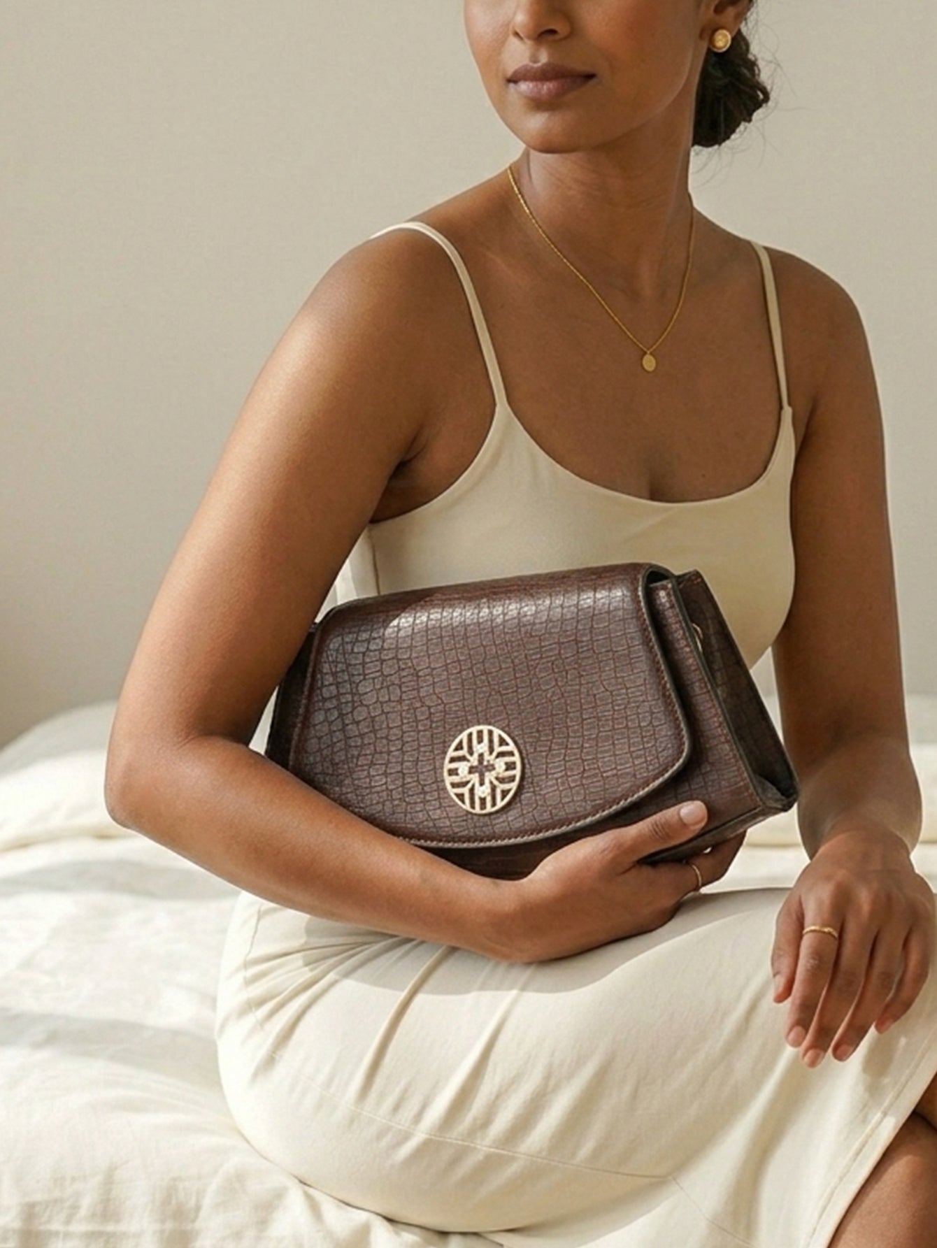Snakeskin Pattern Flap Chain Evening Bag - Mocha Brown