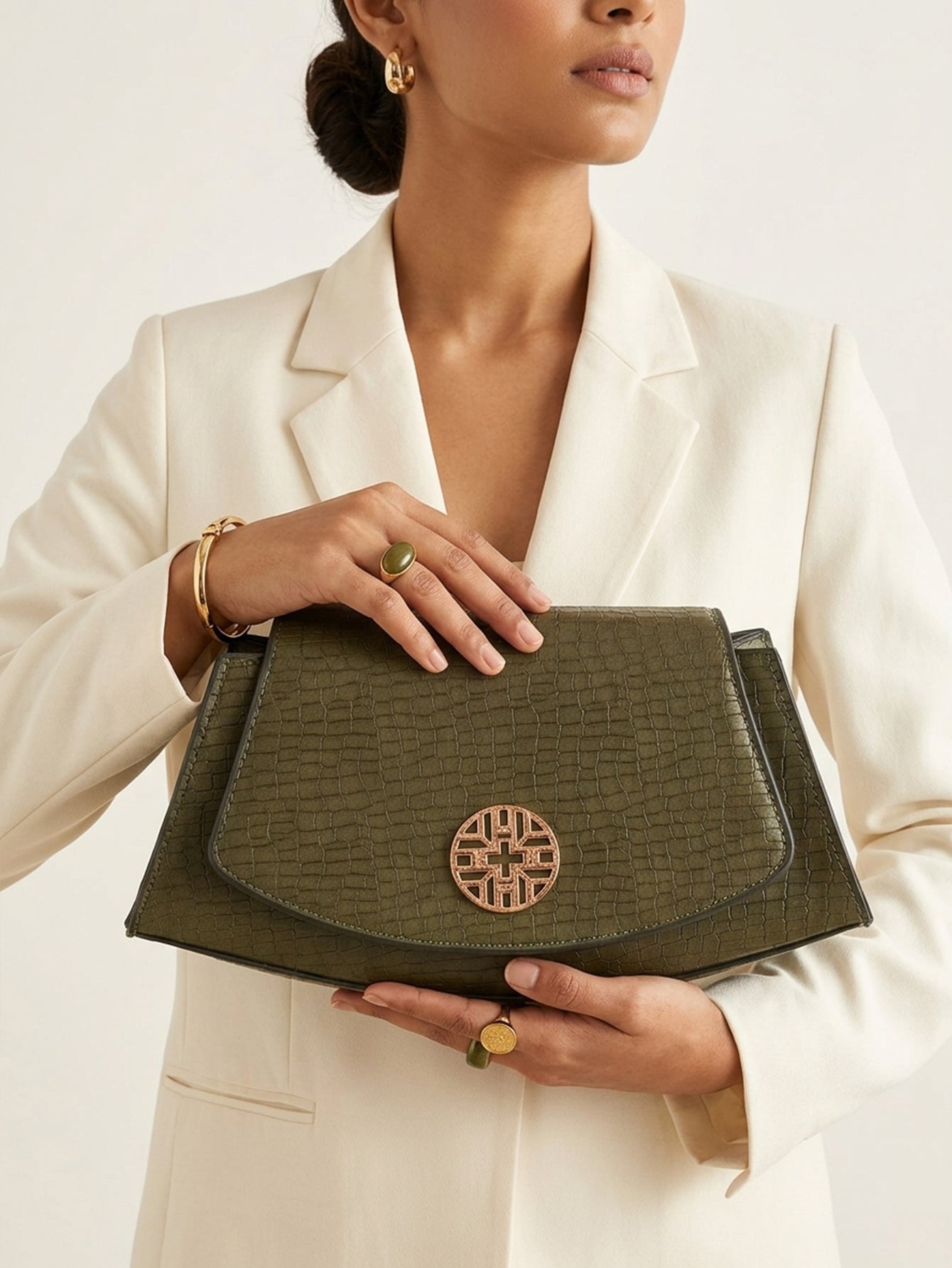 Snakeskin Pattern Flap Chain Evening Bag - Olive Green
