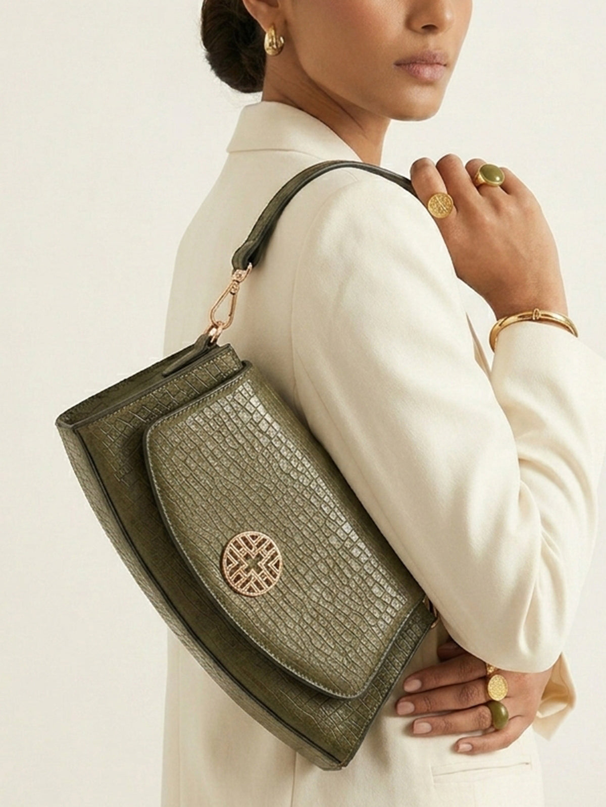 Snakeskin Pattern Flap Chain Evening Bag - Olive Green