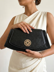 Snakeskin Pattern Flap Chain Evening Bag - Black