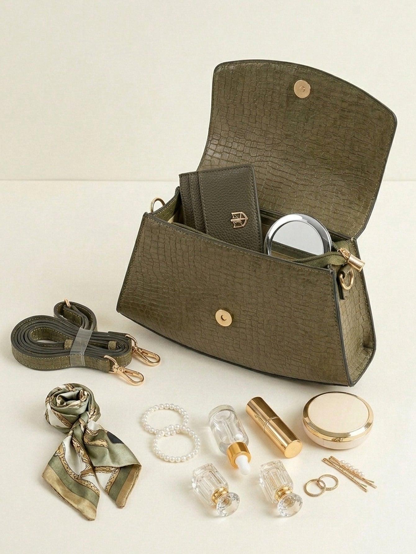 Snakeskin Pattern Flap Chain Evening Bag - Khaki