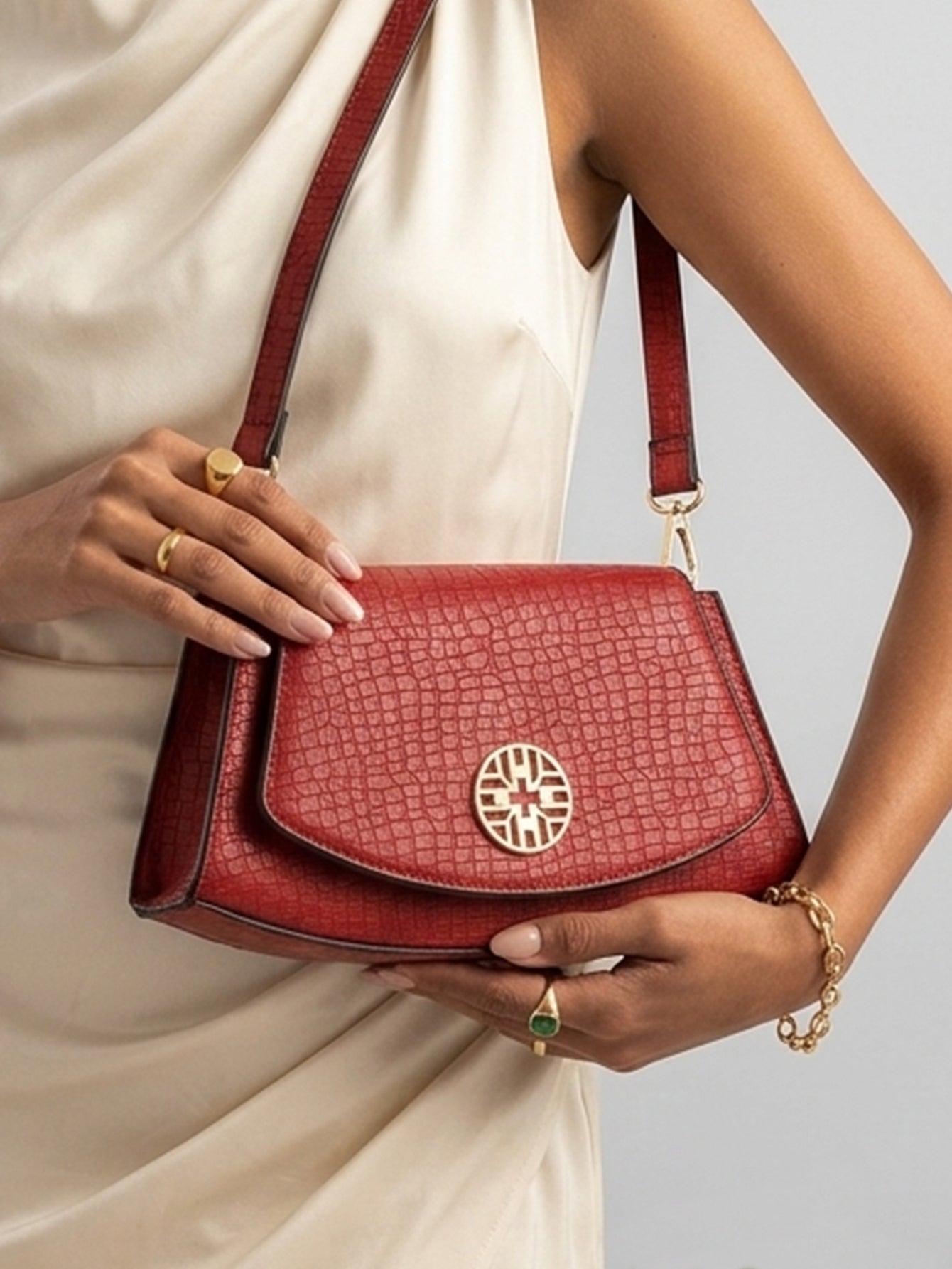 Snakeskin Pattern Flap Chain Evening Bag - Ruby Red