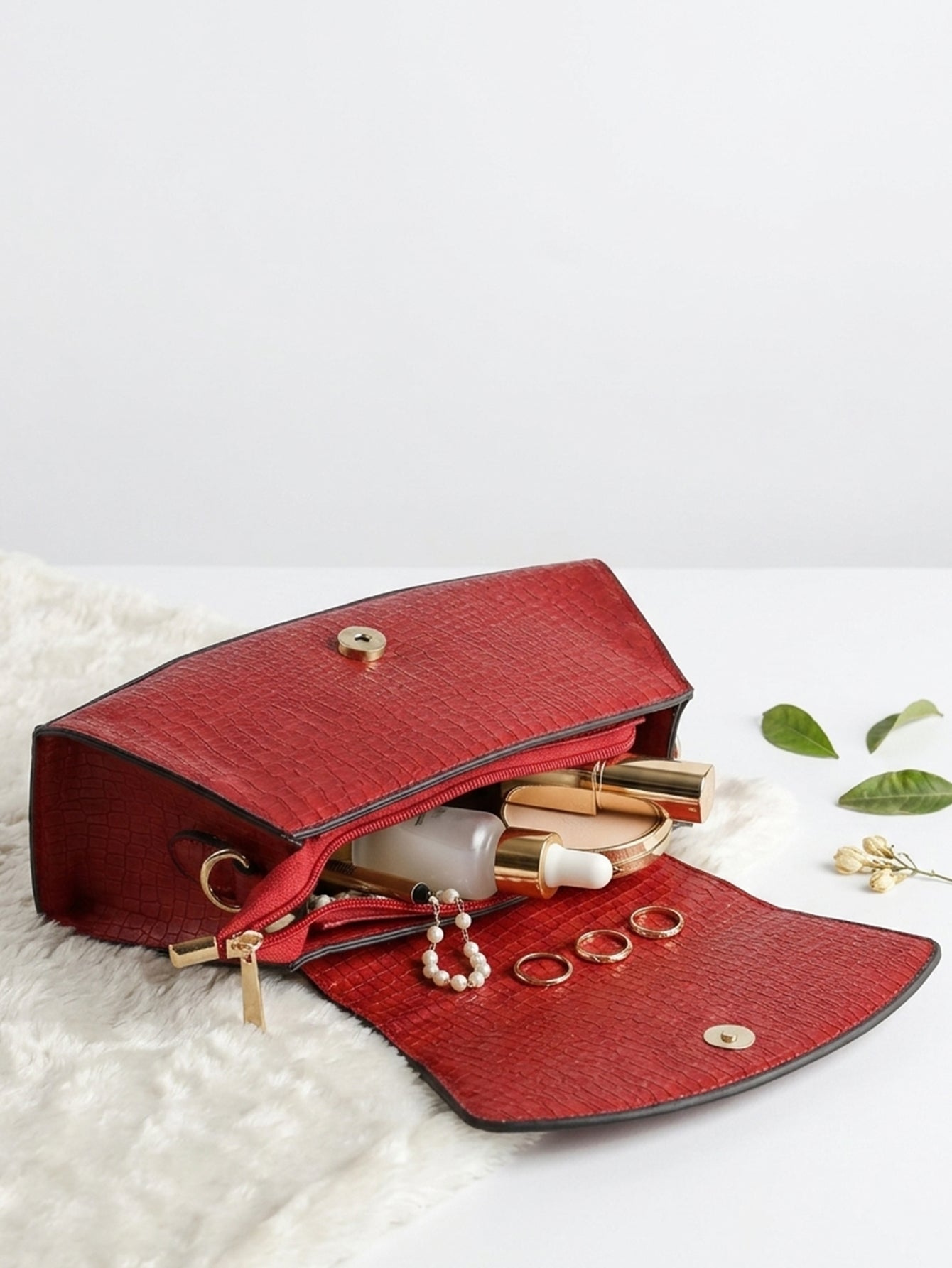 Snakeskin Pattern Flap Chain Evening Bag - Ruby Red
