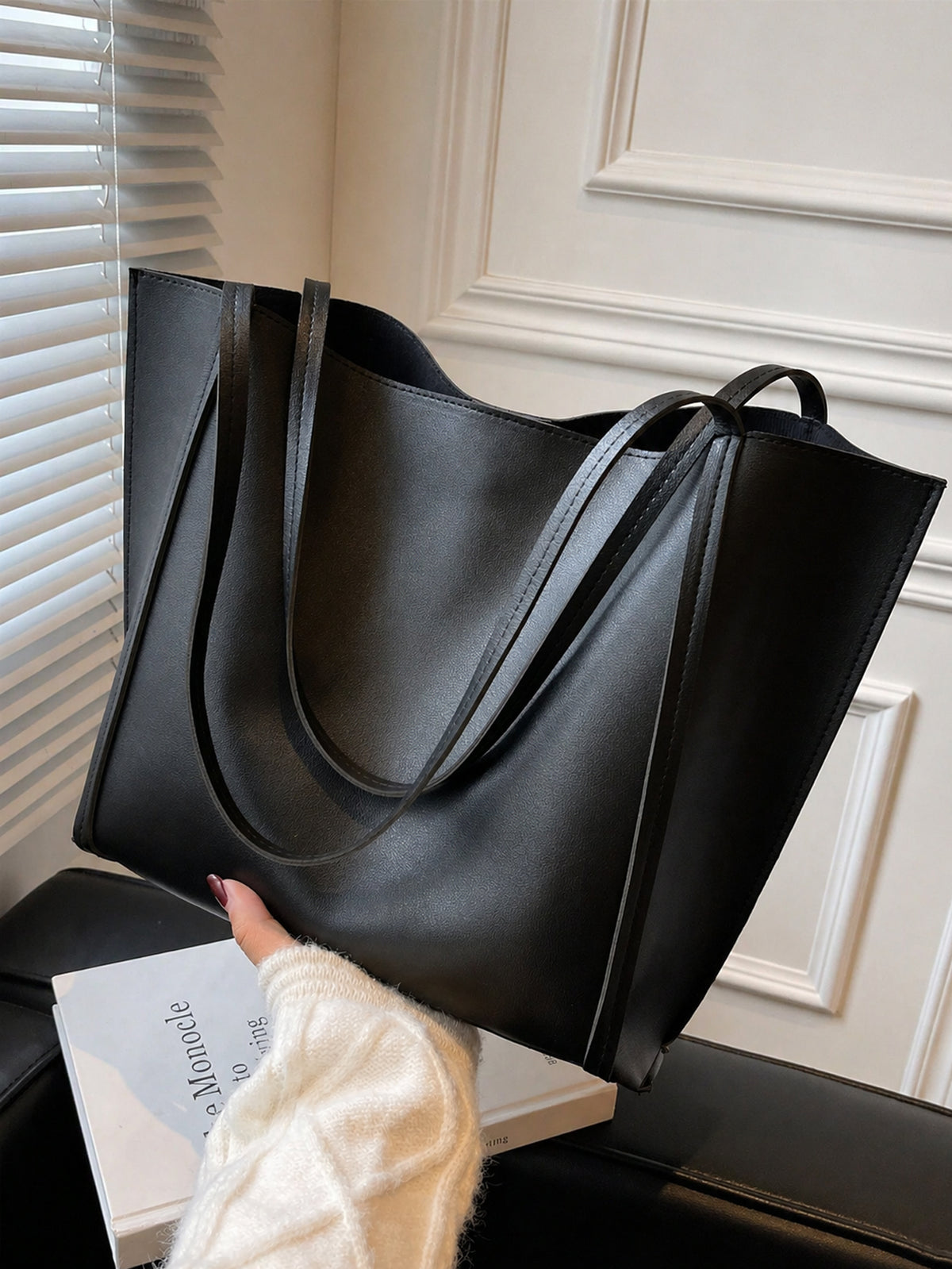 Solid Black Minimalist Large Capacity Tote Bag