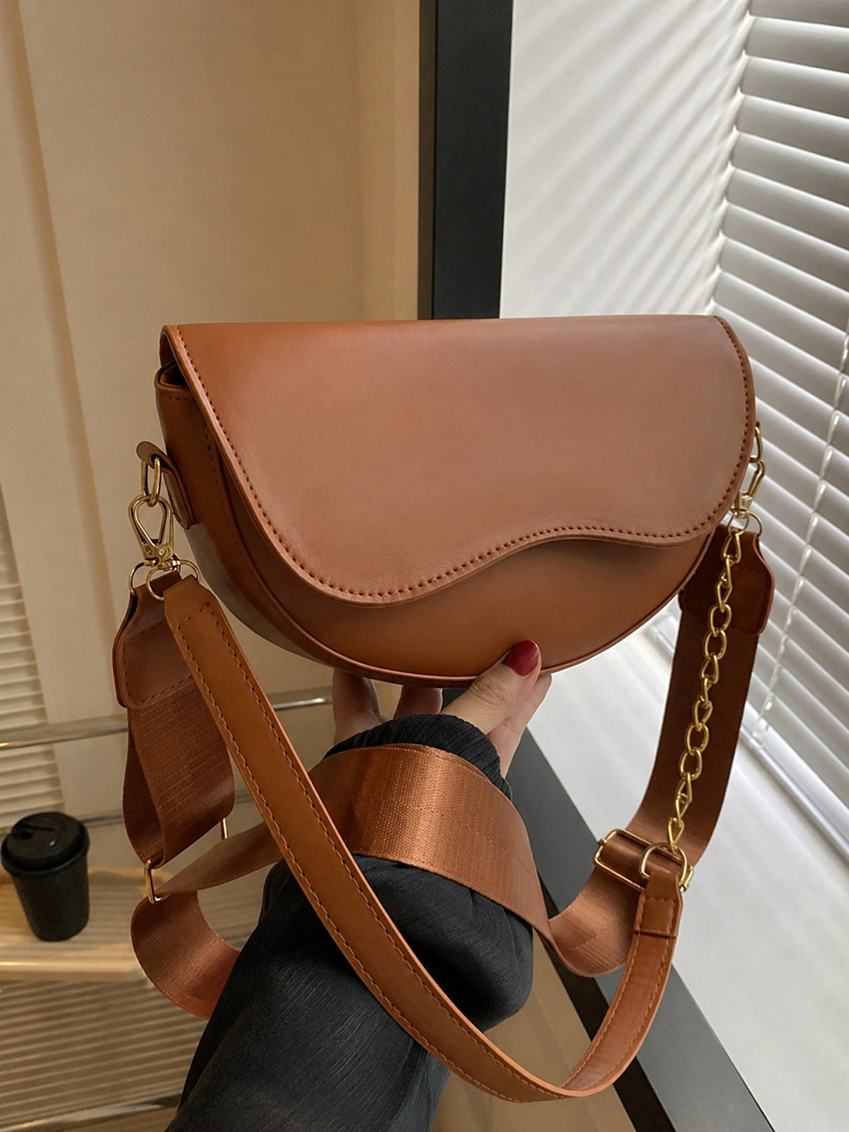 Solid Flap Two Strap Semi Disc Saddle Crossbody Bag - Brown / White / Grey / Khaki
