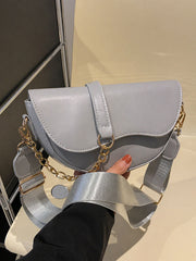 Solid Flap Two Strap Semi Disc Saddle Crossbody Bag - Brown / White / Grey / Khaki
