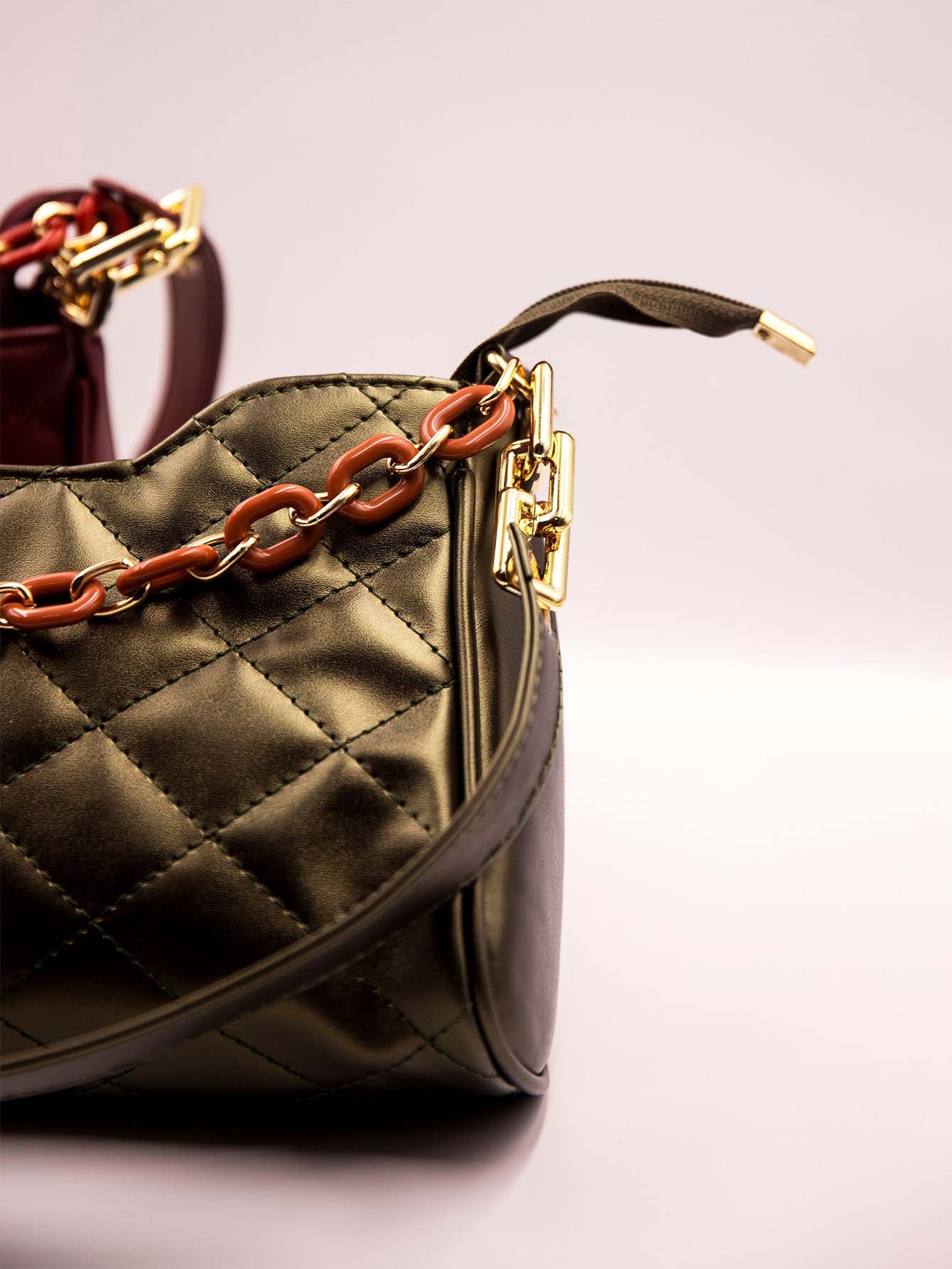 Quilted Chain Decor Baguette Bag - Olive Green - FD ⚡