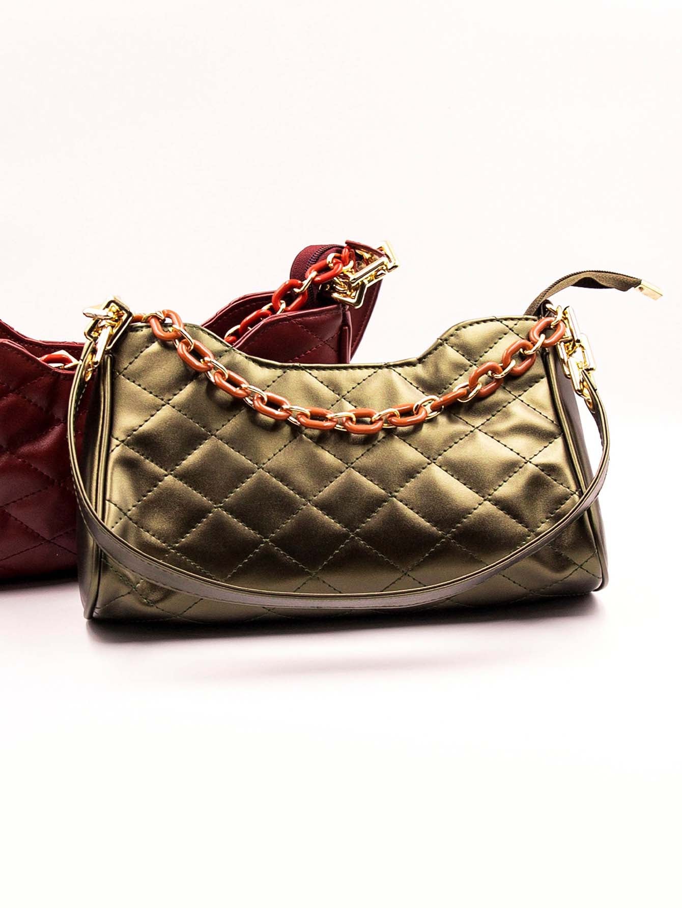 Quilted Chain Decor Baguette Bag - Olive Green - FD ⚡