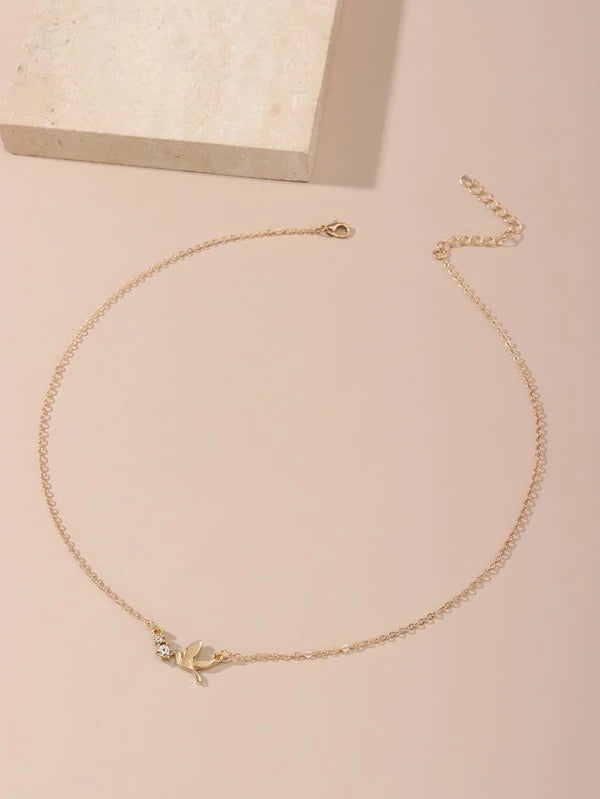 Zircon Decor Bird Charm Necklace  - Gold - FD ⚡