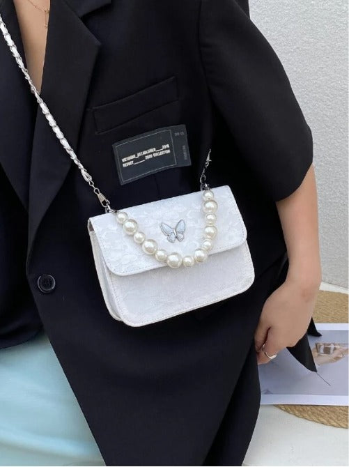 Faux Pearl Decor Flap Satchel Bag - white