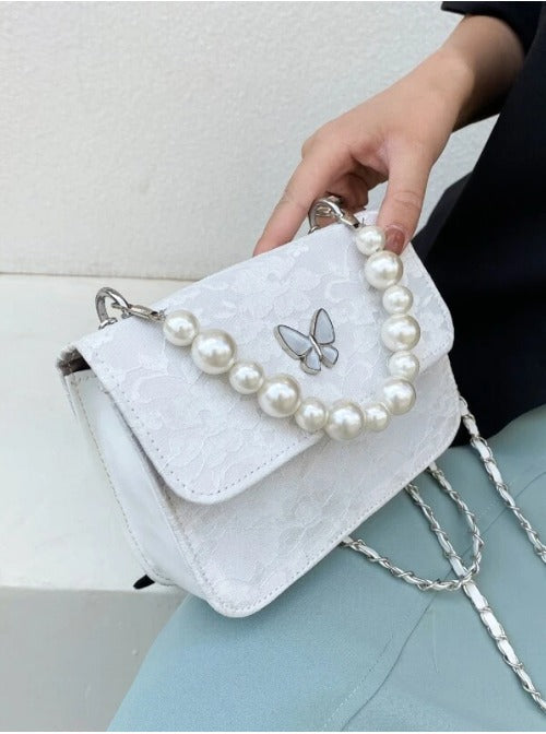 Faux Pearl Decor Flap Satchel Bag - white