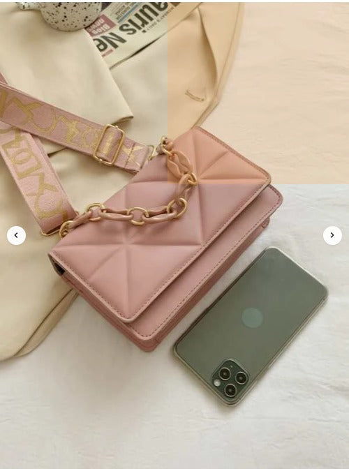 Minimalist Embossed Chain Satchel Bag - Pink