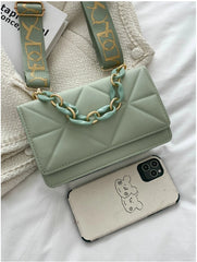 Minimalist Embossed Chain Satchel Bag - Green