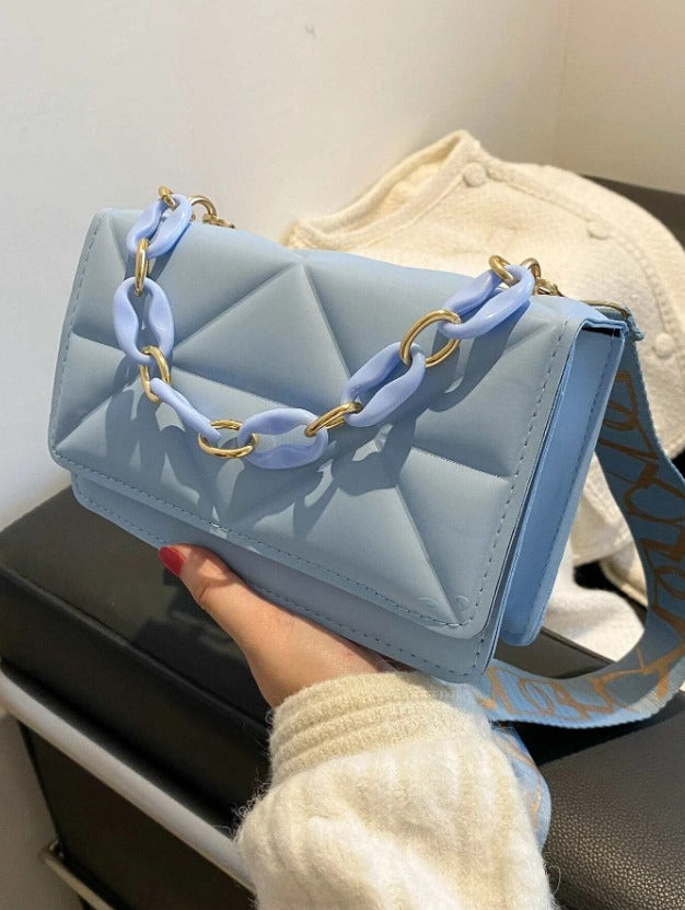 Minimalist Embossed Chain Satchel Bag - Blue