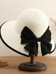 1pc Bow Decor Wide Brim Sun Hat - White