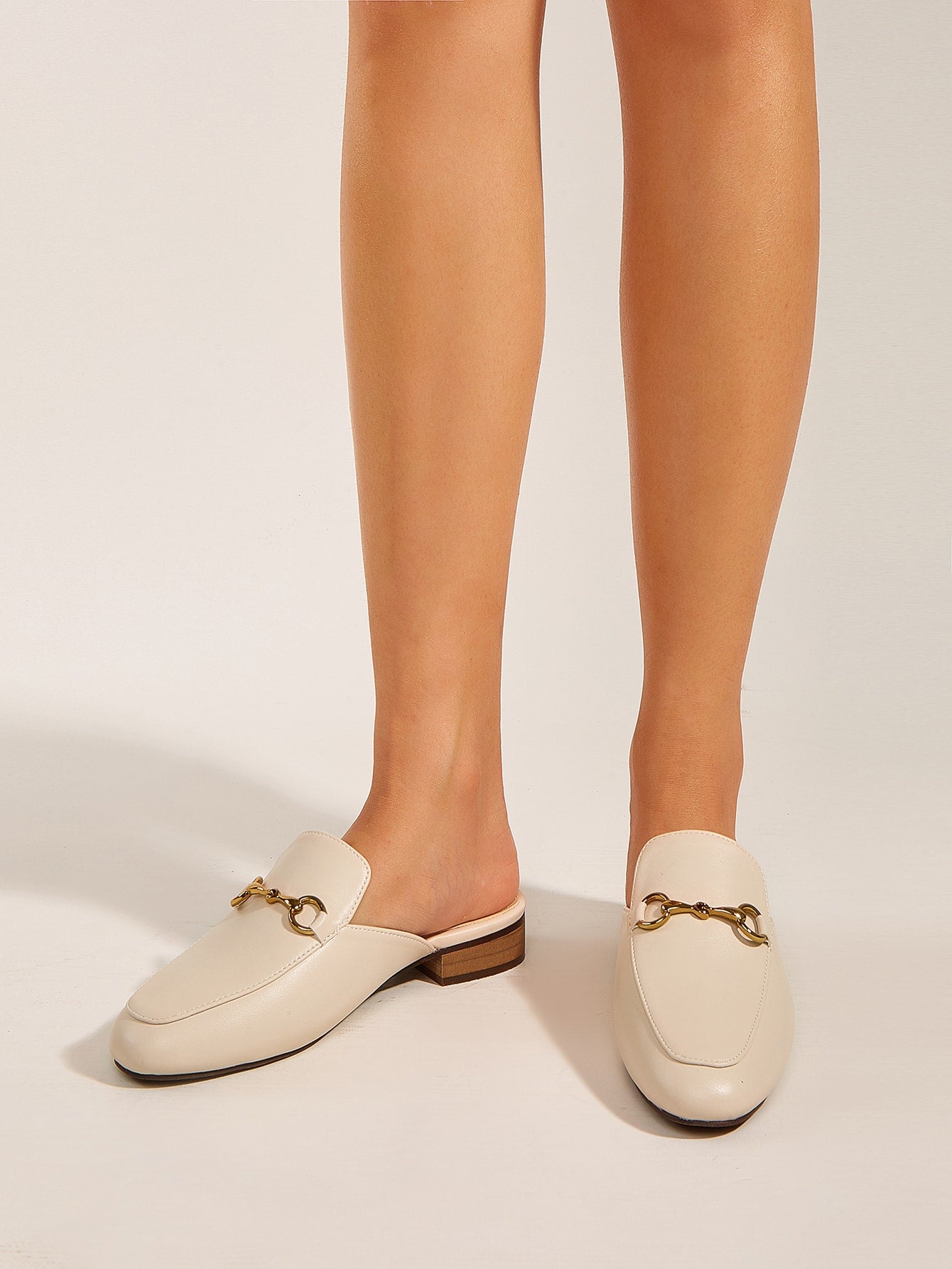 Metal Decor Snakeskin Flat Mules - Beige