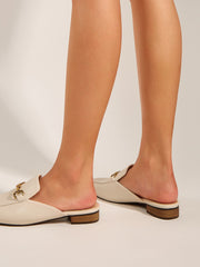 Metal Decor Snakeskin Flat Mules - Beige