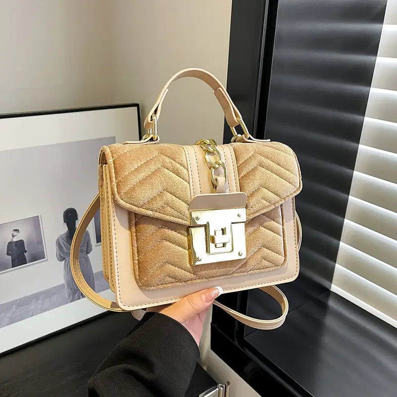 Chevron Quilted Chain Square Bag - khaki