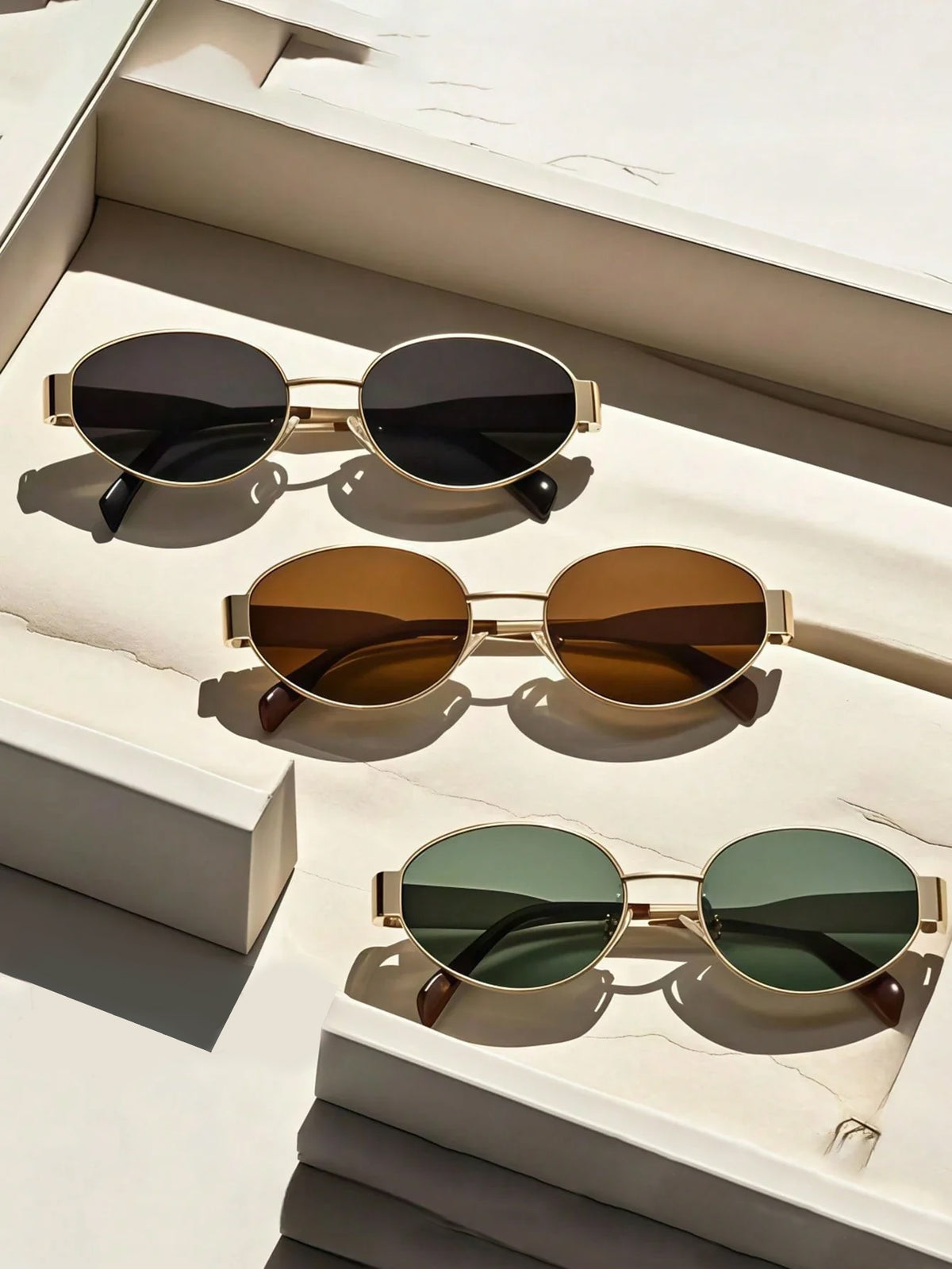 3pcs Oval Metal Full Frame Sunglasses - Black, Brown, Dark Green Lens With Gold Frames