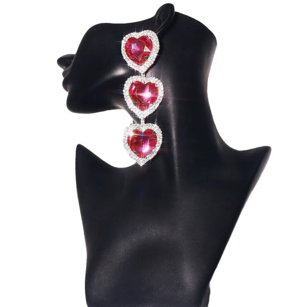 Rosa Earrings - Exaggerated Heart Shape Crystal & Rhinestone Decor Pair In Pink & Silver