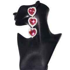 Rosa Earrings - Exaggerated Heart Shape Crystal & Rhinestone Decor Pair In Pink & Silver