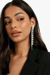 Kimora Earrings - Tassel Detail Rhinestone Decor Dangling Pair In Silver