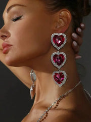 Rosa Earrings - Exaggerated Heart Shape Crystal & Rhinestone Decor Pair In Pink & Silver