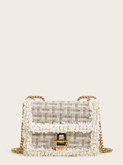 Faux Pearl Decor Tweed Chain Bag - www.thetreasurebox.me