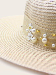 Faux Pearl & Floral Decor Straw Hat - TheTreasureBox.pk