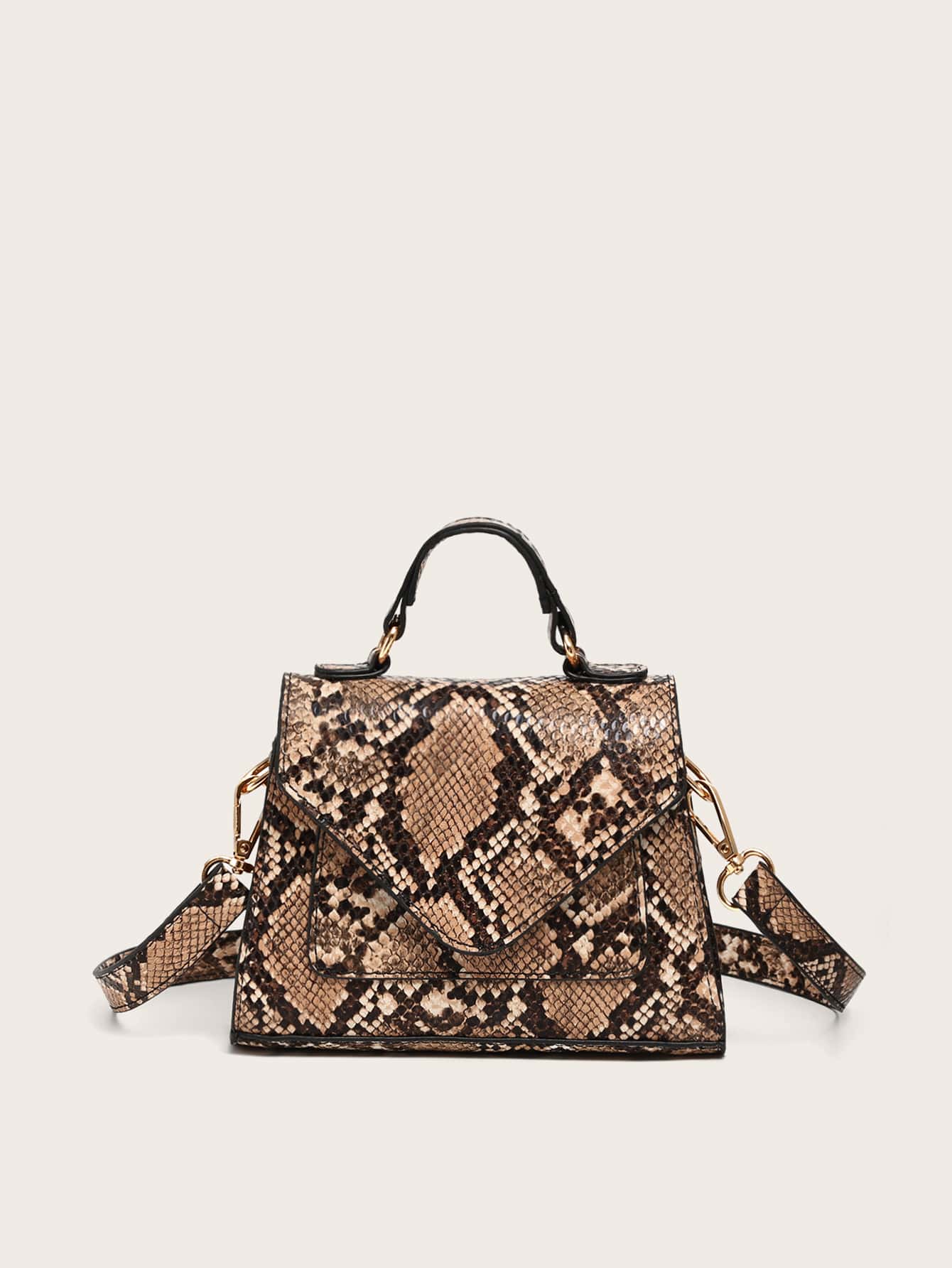 Mini Snakeskin Print Satchel Bag Coffee Brown