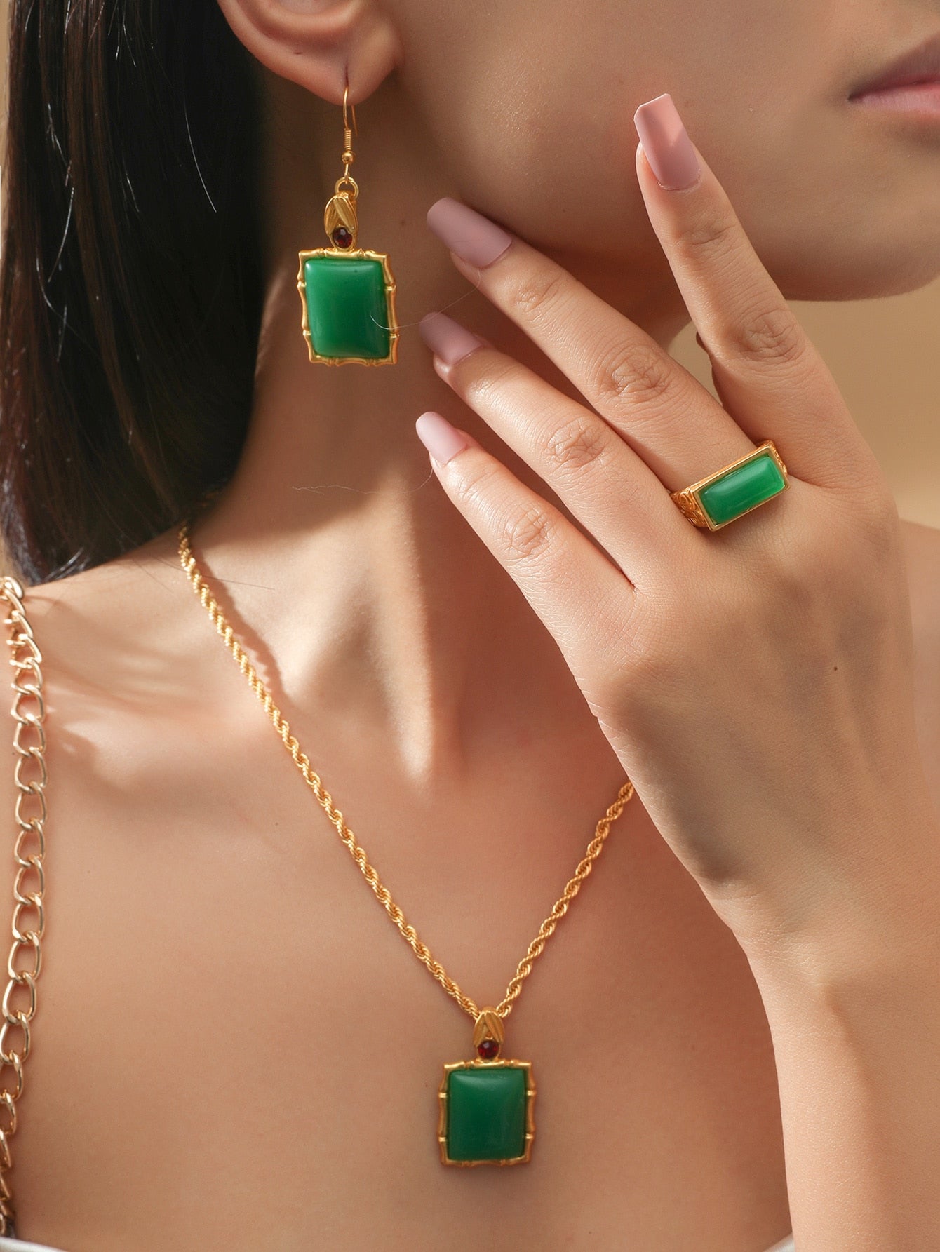 Bria Geometric Charm Necklace & Ring & 1pair Drop Earrings - Green - FD ⚡