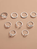 9pcs Rhinestone Decor Moon Rings - Silver - FD ⚡