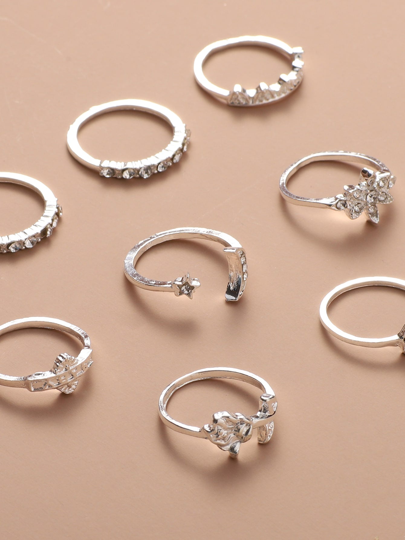 9pcs Rhinestone Decor Moon Rings - Silver - FD ⚡