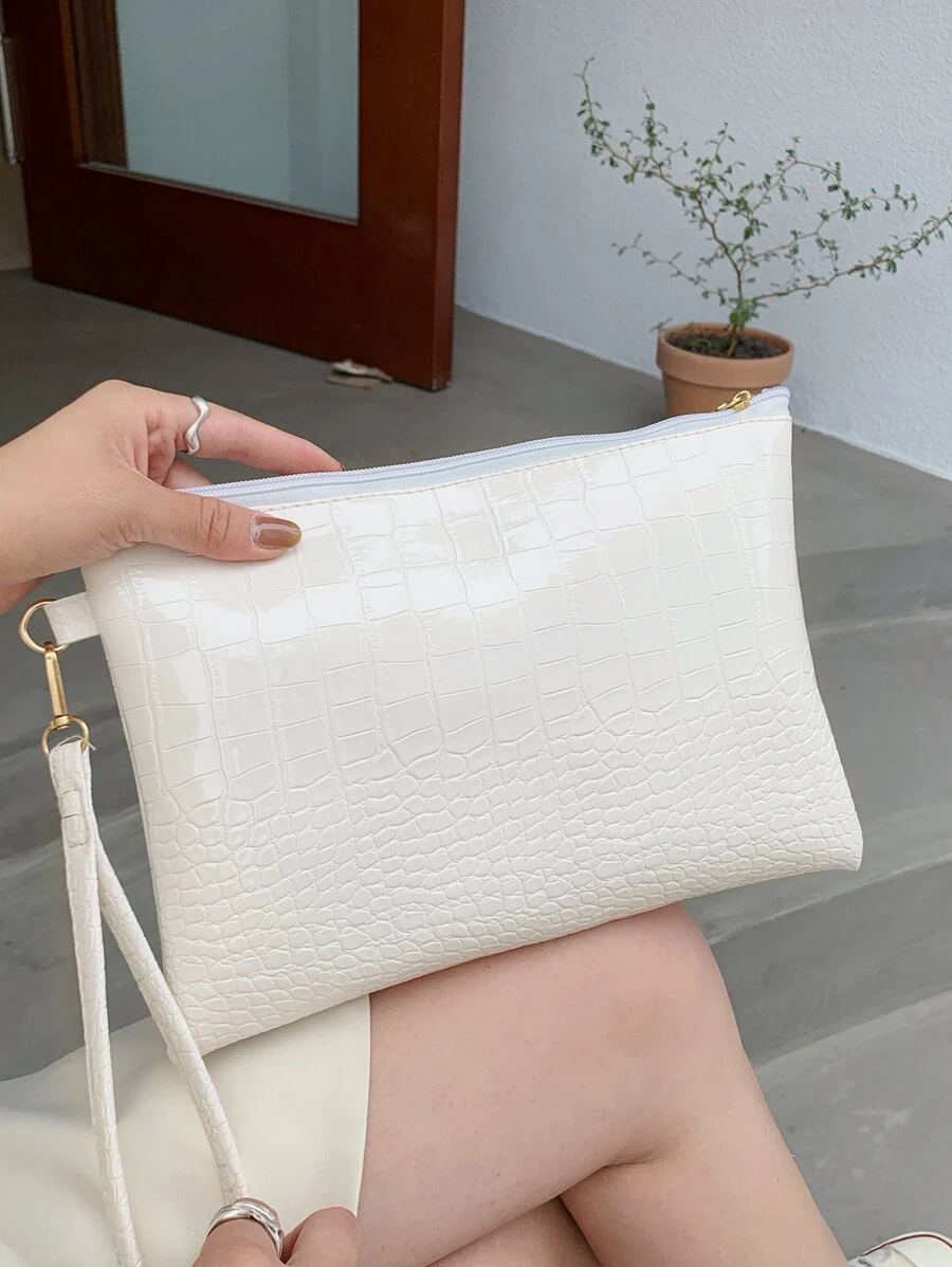 Minimalist Croc Embossed Clutch Bag - White