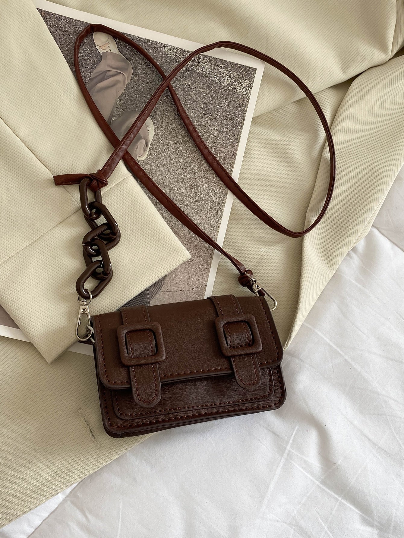 Mini Buckle Detail Stitch Detail Square Bag - Brown